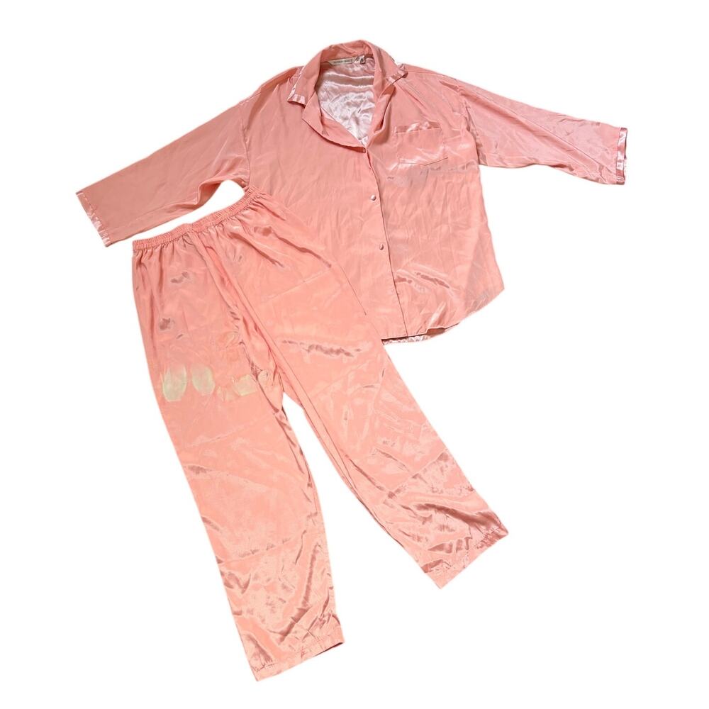 VTG Victoria's Secret Peach Silky Satin Pajama Set Sz L BLEACHED/STAINED PANTS